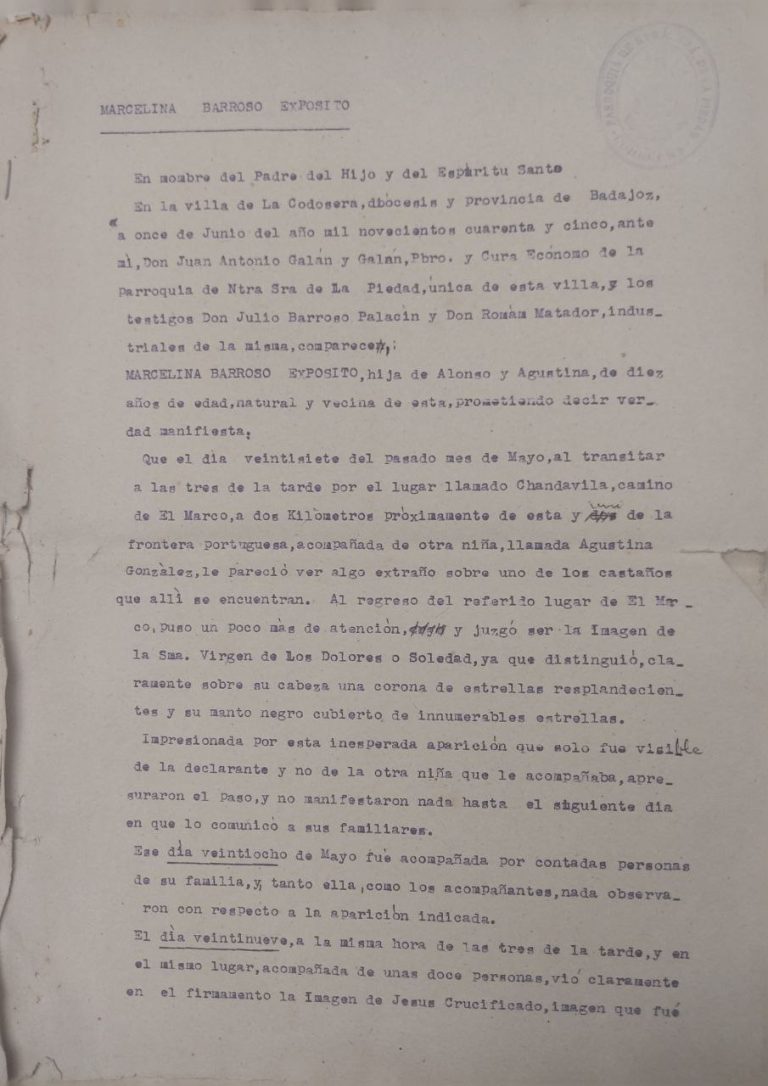 Declaración de Marcelina Barroso Expósito - Santuario de Chandavila